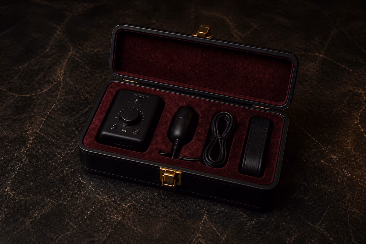 Small open black presentation case with an electronic control unit, insulated attachment, cable and fastening strap