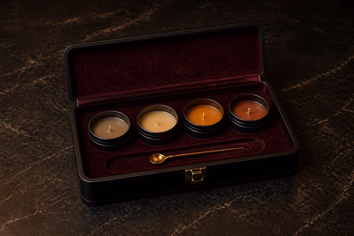 Small open black presentation case with four low temperature massage candles and a solid 14 carat gold application spoon