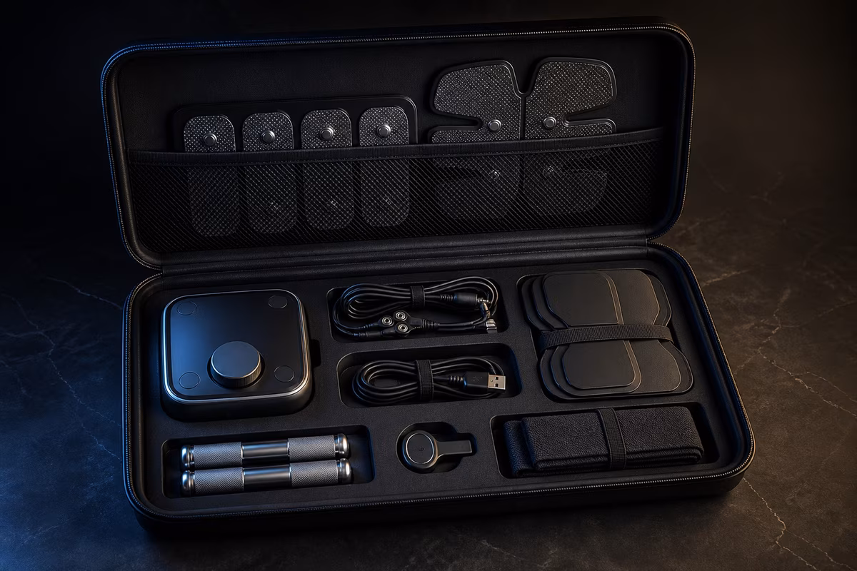 Open black case with a compact electronic control unit, insulated leads, electrode pads and attachment bands