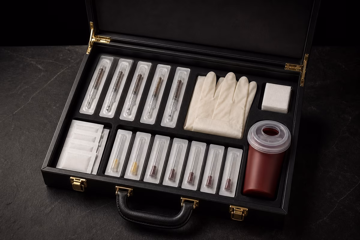 Open black presentation case with individually sealed sterile needles, gloves, dressings, gauze and a sharps container