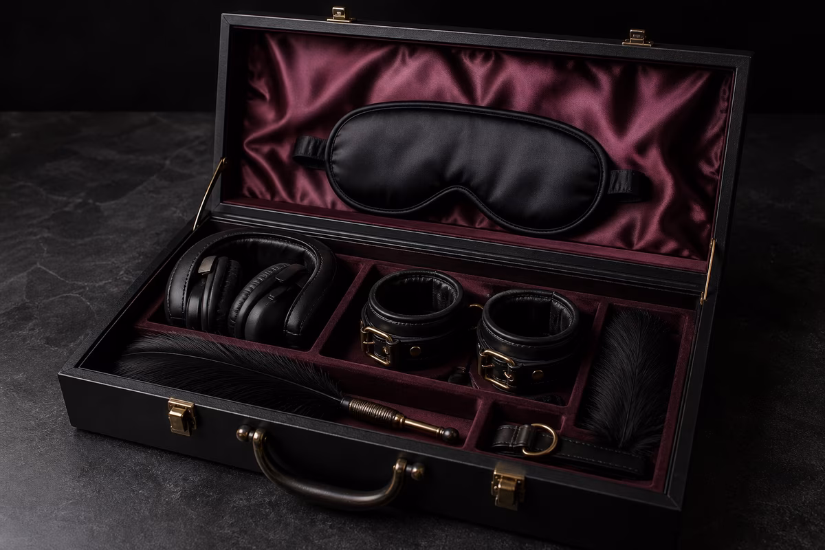 Open black presentation case with satin blindfold, padded cuffs, sound dampening earmuffs and tactile accessories
