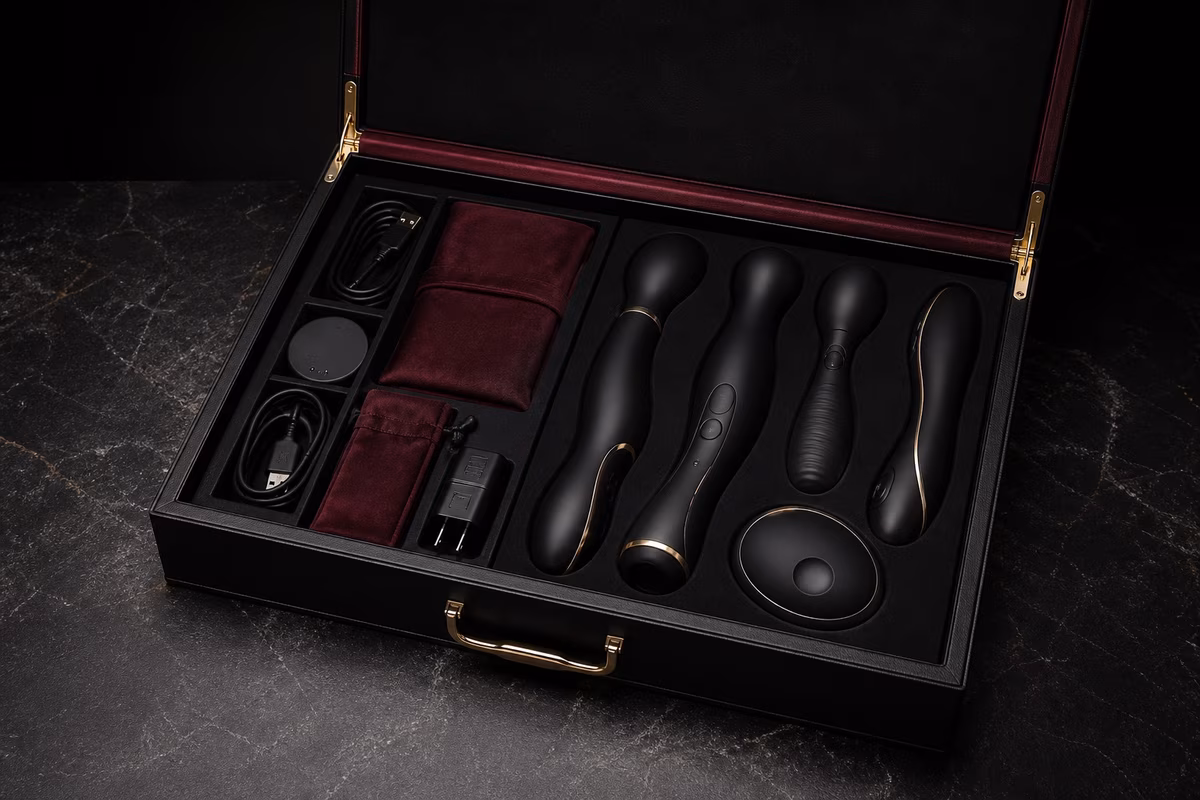 Open black presentation case with three silicone vibrators, remote controls, charging accessories and folded protective textiles