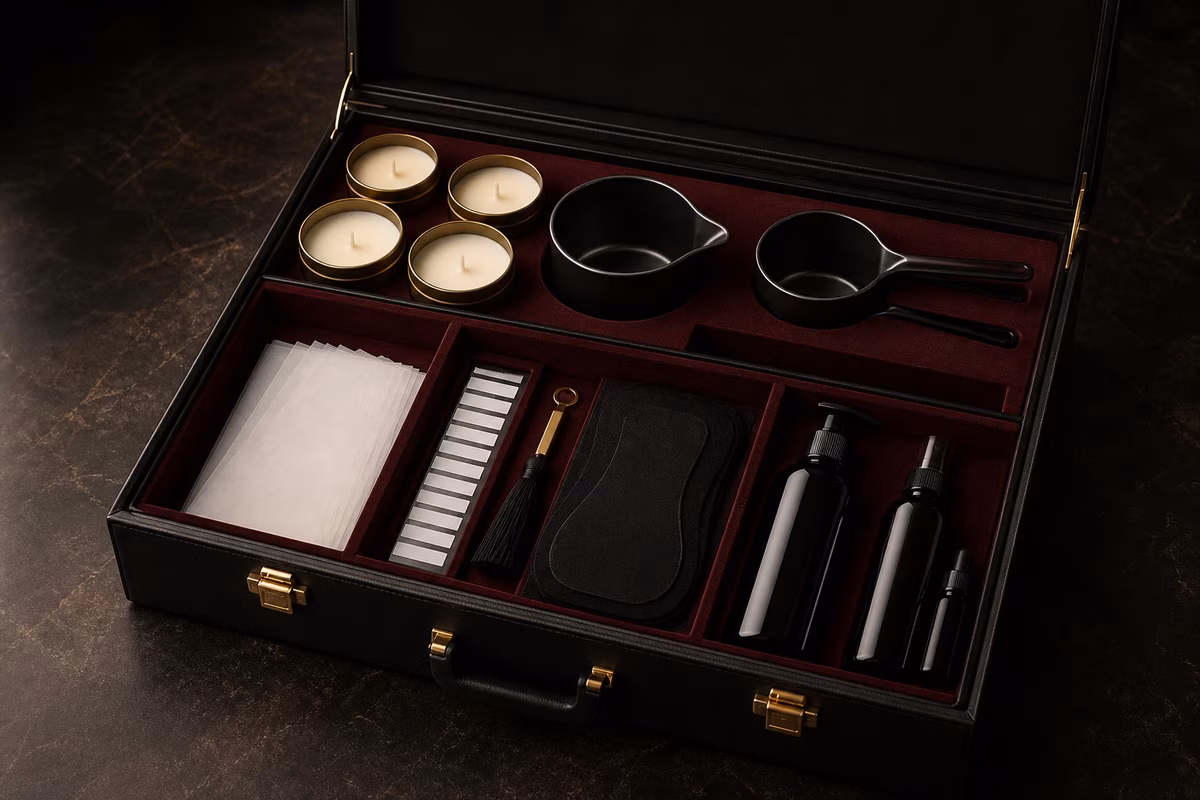 Open black presentation case with low temperature massage candles, pouring bowls, protective sheets and preparation accessories
