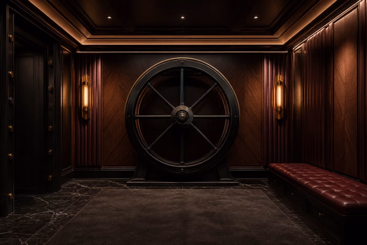 Atmospheric private BDSM room with a padded rotating restraint wheel as its central feature