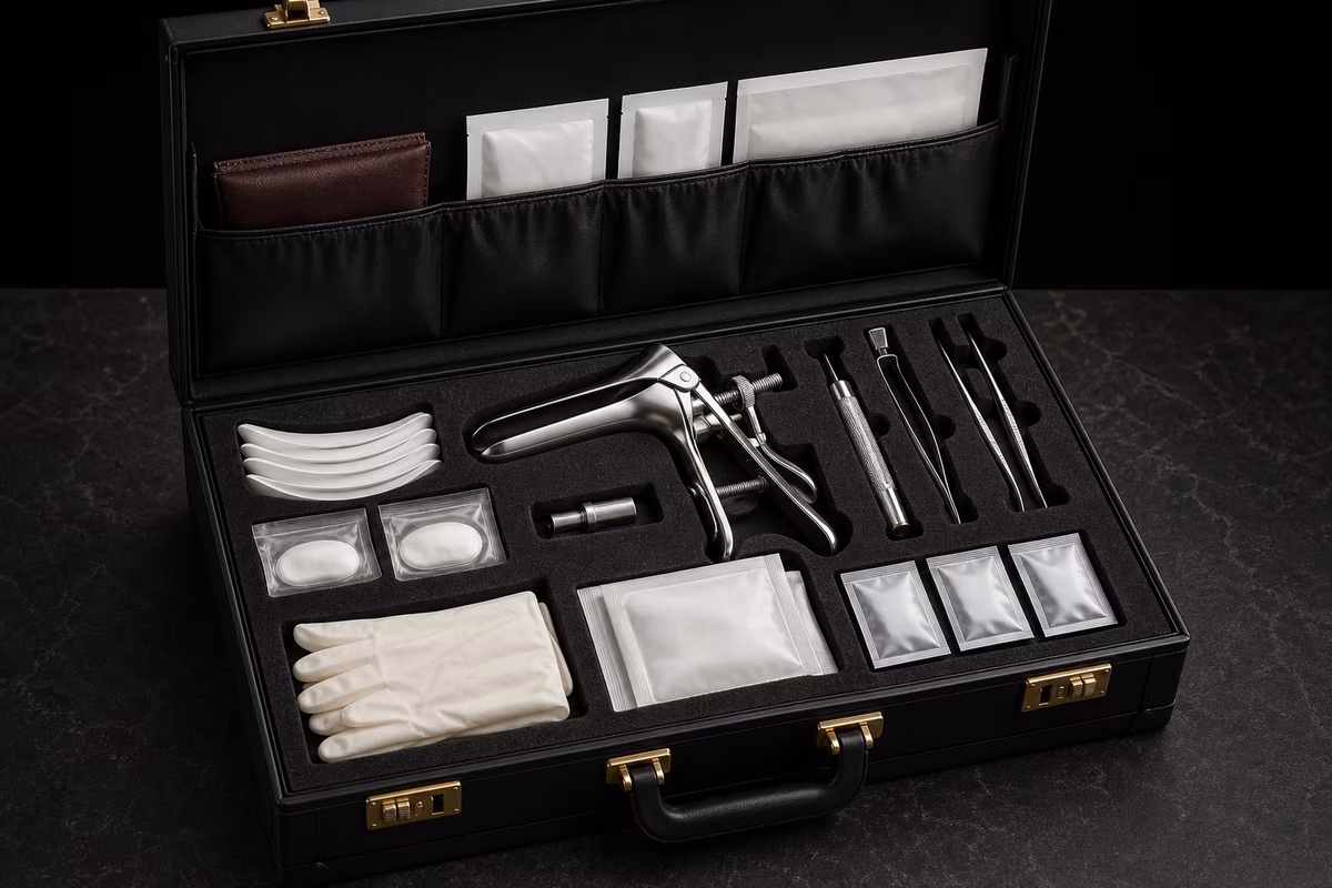 Open black presentation case with examination specula, gloves, sterile drapes, lubricant and focused clinical accessories