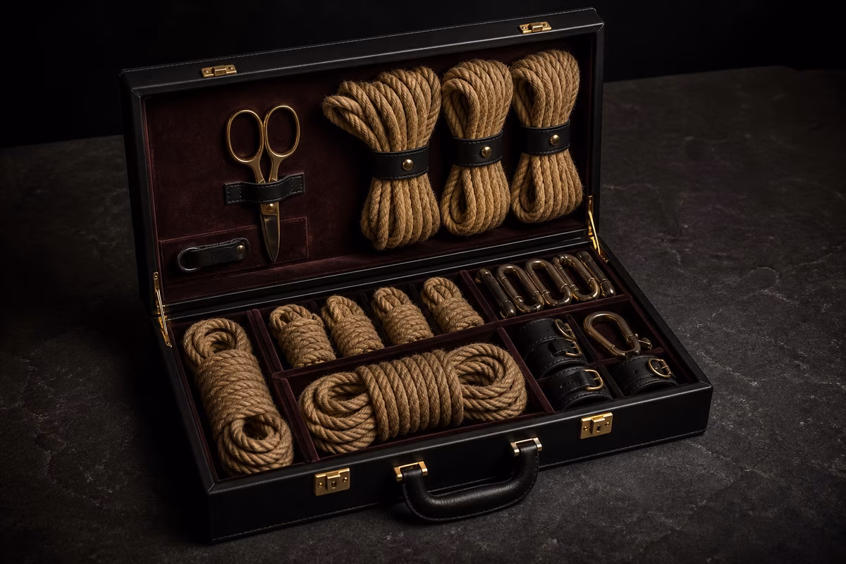 Open black presentation case with natural cotton and jute ropes, safety shears, cuffs, straps and brass accessories