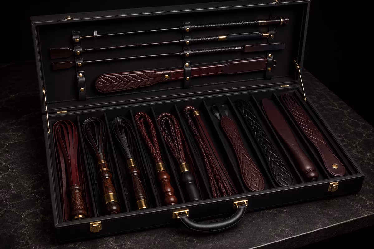 Open black presentation case with a crop, floggers, paddles and flexible impact implements arranged in burgundy lining