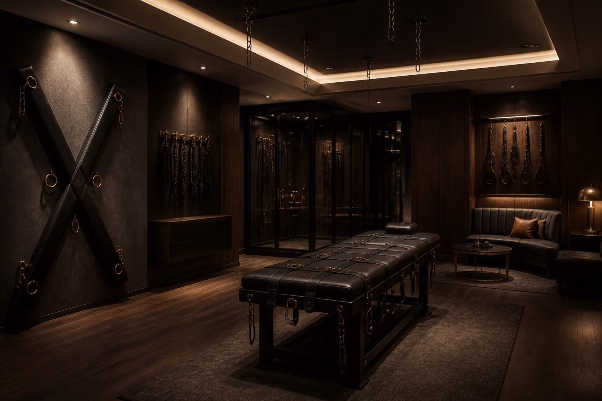 Moderne private BDSM-Suite mit dunklen Walnusspaneelen, Ledermöbeln und integrierter Ausrüstung