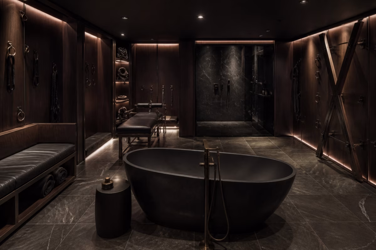 Salle BDSM privée de luxe avec baignoire noire indépendante et équipement intégré discret